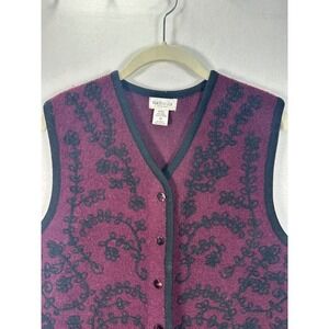 Van Heusen Womens Wool Vest Burgundy Black Floral Embroidered Button Front M